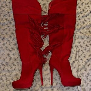 Elegant Red Fringe Over the Knee Boots